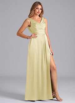 Azazie Karina Robes de demoiselle d'honneur Robe Trapèze en Satin extensible Plissée Sorbet Citron image5