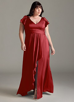 Azazie Omari Bridesmaid Dresses Pomegranate A-Line Stretch Satin Dress image7