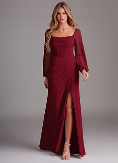 Azazie Charissa Bridesmaid Dresses Burgundy Sheath Long Sleeve Chiffon Dress image3