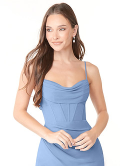 Azazie Mai Bridesmaid Dresses Steel Blue Sheath Pleated Chiffon Dress image5