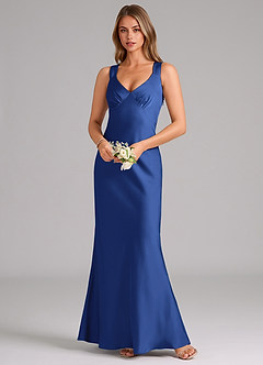 Azazie Kamila 신부 들러리 드레스 A라인 주름진 스트레치 새틴 바닥 길이 드레스 image4