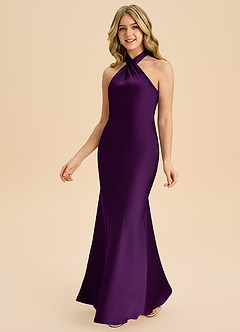 Azazie Chickie Junior Vestido de Uva de Satén Elástico de Corte Recto con Plisado image5