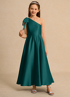 Azazie Guppy Girls Formal Abiti da Ragazza di Fiori Abito A-Line in Raso Opaco Monospalla Verde Pavone image3