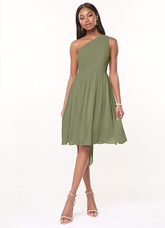 Azazie Katrina Vestidos de damas de honor Vestido de Pistacho de Gasa de Corte en A con Hombro unilateral image1
