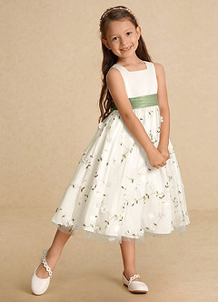 Azazie Pollie Flower Girl Dresses Ivory Dusty Sage A-Line Bow Tulle Dress image7