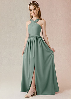 Azazie Jiya Junior Silver Sage A-Line Pleated Stretch Satin Dress image1
