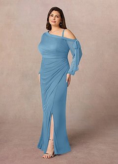 Azazie Marna Mother of the Bride Dresses Steel Blue Sheath One Shoulder Mesh Dress image7