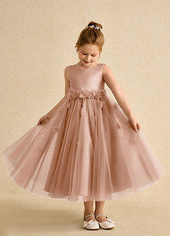 Azazie Lux Flower Girl Dresses Champagne Rose A-Line Beaded Tulle Dress image3
