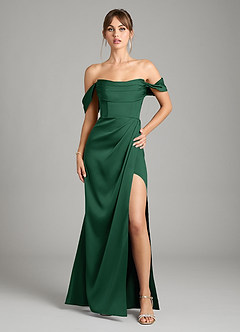 Azazie Johana Bridesmaid Dresses Dark Green Mermaid Off the Shoulder Stretch Satin Convertible Dress image1