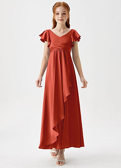 Azazie Omari Junior Rust A-Line Pleated Stretch Satin Dress image5
