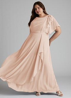Azazie Aaliyah Bescheiden Bruidsmeisjekleding A-Lijn Bocht Gevouwen Chiffon Vloerlengte Jurk image8