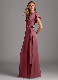 Azazie Nico Bridesmaid Dresses Desert Rose A-Line V-Neck Stretch Satin Dress image2