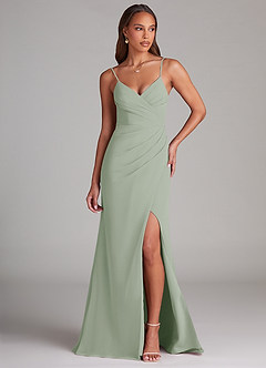 Azazie Maci Robes de demoiselle d'honneur Robe Fourreau en Mousseline de soie Plissée Vert Sauge image1