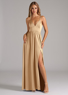 Azazie Aaida Bridesmaid Dresses Champagne A-Line Corset Stretch Satin Dress image1