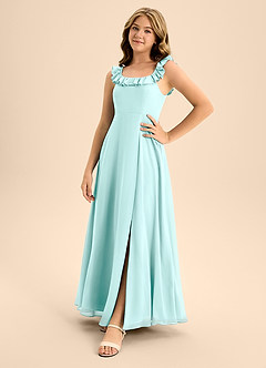 Azazie Callie Junior Abito A-Line in Chiffon Increspato Acqua image3