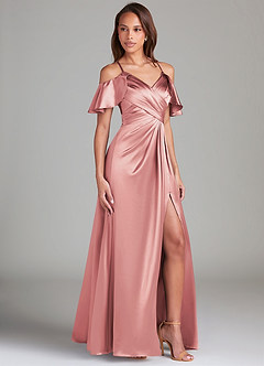 Azazie Dakota Slutförsäljning Klänning av A-Line i Metallisk satin Av axeln Auburn image6