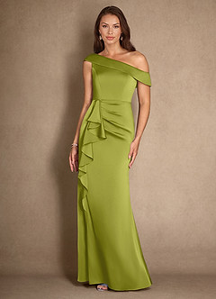 Azazie Hamptons vestidos de madre de la novia Vestido de Hierba De Limón de Satén Elástico de Corte en A con Plisado image4