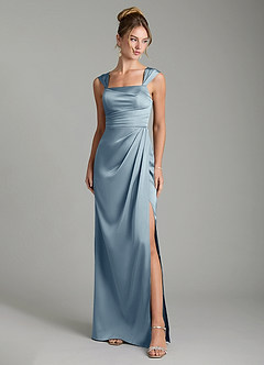 Azazie Filippa Robes de demoiselle d'honneur Robe Trapèze en Satin extensible Plissé Bleu Poussiéreux image1