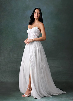 Azazie Ivonnah At-home Try On Dresses Diamond White A-Line Strapless Tulle Dress image7