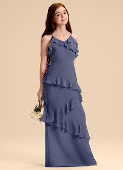 Azazie Evara Junior Robe Trapèze en Mousseline de soie Bleu Orageux image6