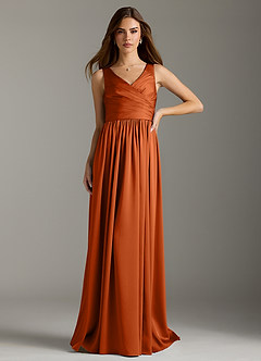Azazie Keyla Bridesmaid Dresses Burnt Orange A-Line Pleated Stretch Satin Dress image3
