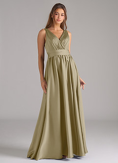 Azazie Kora Robes de demoiselle d'honneur Robe Trapèze en Satin extensible Plissée Vert Mousse image1
