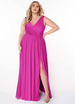 Azazie Tanicia Bridesmaid Dresses Fuchsia A-Line V-Neck Pleated Mesh Dress image1