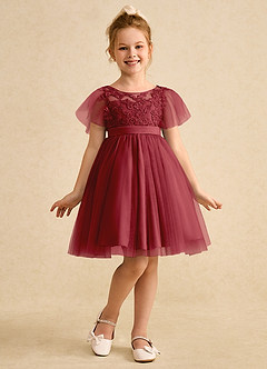 Azazie Queenie Flower Girl Dresses Pomegranate A-Line Lace Dress image3