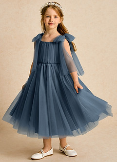 Azazie Dori Robe Demoiselle D'honneur Fillette Robe Trapèze en Tulle Rayé Neptune image5