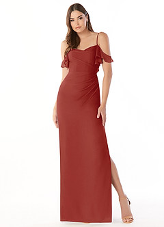Azazie Emeralda Bridesmaid Dresses Terracotta Sheath Off the Shoulder Chiffon Dress image3