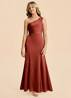Azazie Ren Junior Robe Trapèze en Satin extensible Plissé Terracotta image5