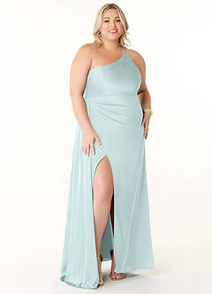 Azazie Maron Bridesmaid Dresses Sea Glass A-Line One Shoulder Stretch Satin Dress image7