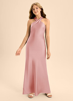 Azazie Doretta Junior Powder Pink A-Line Pleated Stretch Satin Dress image4