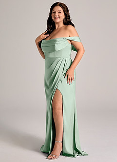 Azazie Johana Jurken voor bruidsmeisjes Converteerbaar Jurk van Stretch Satijn met Zeemeermin Off the Shoulder Agave image10