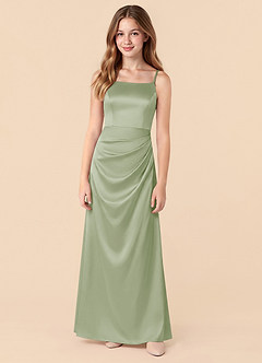 Azazie Renna Junior Vestido de Salvia Polvorienta de Satén Elástico de Corte en A con Plisado image5