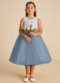 Azazie Missy vestidos de niña de las flores Vestido de Marfil Azul Polvoriento de Tul de Corte En A con Sin mangas image2