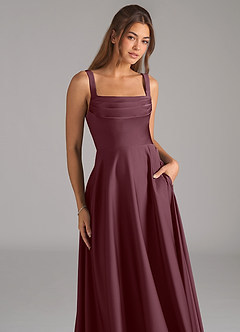 Azazie Shaude Bridesmaid Dresses Sangria A-Line Pleated Stretch Satin Dress image2