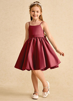 Azazie Davine Flower Girl Dresses Pomegranate A-Line Spaghetti Strap Matte Satin Dress image5