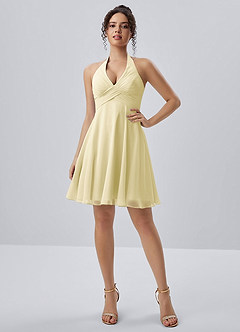 Joviannelle Butter Yellow Halter Ruched Chiffon Mini Dress image5