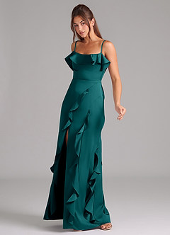 Azazie Malia Bridesmaid Dresses Peacock A-Line Side Slit Stretch Satin Dress image4