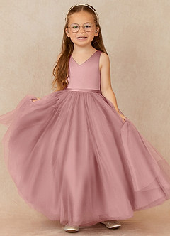 Azazie Marybell Blumenmädchenkleider A-Linie Schleifen Tüll Kleid Altrosa image1