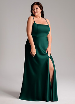 Azazie Lidia Bridesmaid Dresses Emerald Mermaid Side Slit Stretch Satin Dress image5