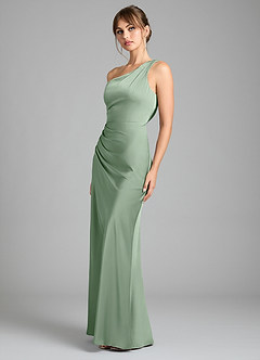 Azazie Madelyn Vestidos de damas de honor Vestido de Matcha de Satén Elástico de Corte Sirena Convertible con Hombro unilateral image6