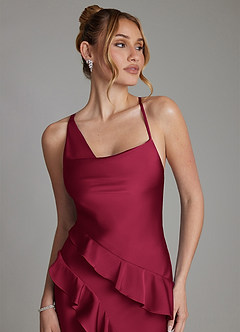 Azazie Jayda Bridesmaid Dresses Burgundy A-Line Ruched Stretch Satin Dress image3