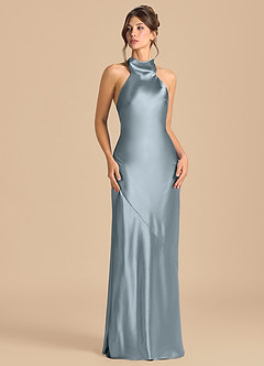 Azazie Velli Bridesmaid Dresses Dusty Blue Sheath High Neck Metallic Satin Dress image2