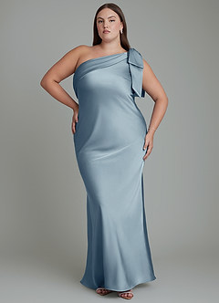 Azazie Yuanna Jurken voor bruidsmeisjes Jurk van Stretch Satijn met Zeemeermin One-shoulder Stoffig Blauw image8