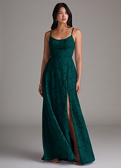 Azazie Moira Bridesmaid Dresses Pine A-Line Side Slit Floral Burnout Dress image4