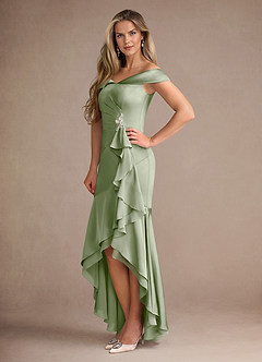Azazie Billings Mother of the Bride Dresses Dusty Sage Mermaid Off the Shoulder Stretch Satin Dress image2