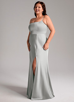 Azazie Lidia Vestidos de damas de honor Vestido de Plata de Satén Elástico de Corte Sirena con Corte Lateral image4