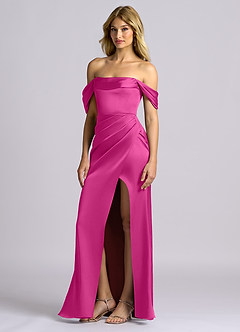 Azazie Auden Vestidos de madrinha de casamento Vestido Fúcsia de Cetim elástico de Bainha com Fora do ombro image4